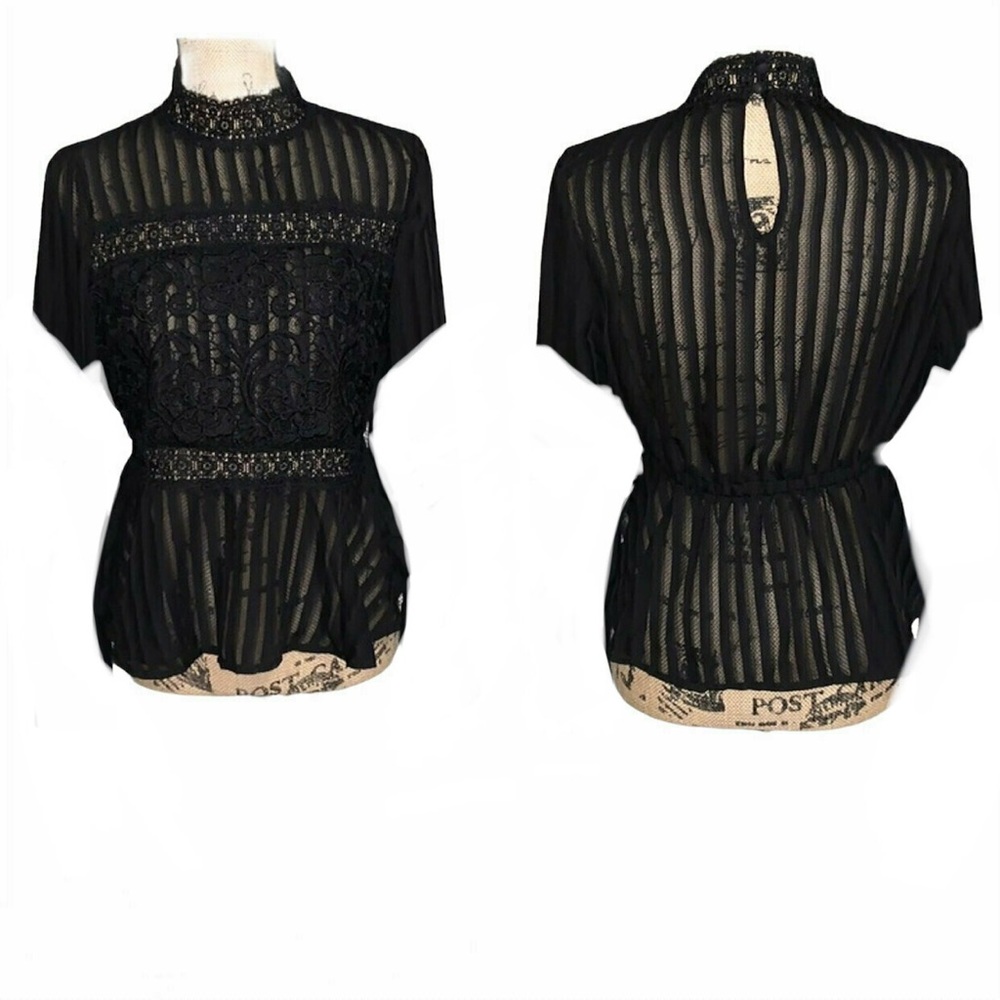 Haute Monde Semi-Sheer Black Lace Blouse Top, L